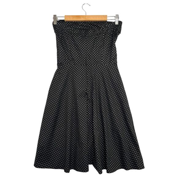 VTG Pinup Dress Womens Medium Black Polka Dot Black Fit Flare Strapless Retro - Picture 2 of 14